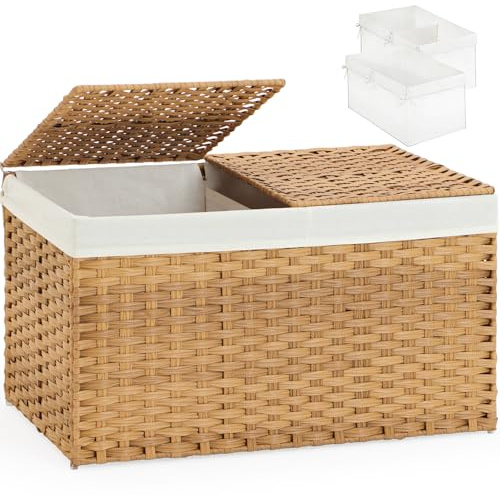 SETVSON Storage Basket with Lid Rattan Woven Storage Baskets with 2 Separate Lids, 17.2 Gallon (65 L), 22 x 13 x 13.8 Inches,Foldable, 2 Removable Liner Bags Handles for Bedroom, Laundry Room Natural