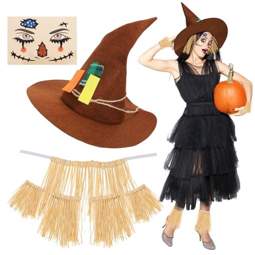 XEPST Halloween Scarecrow Costume Women - 7PCS Scarecrow Costume Accessories Set with Scarecrow Hat Raffia Scarecrow Straw Kit Face Decor for Adults Halloween Costume Cosplay Fancy Dress Up