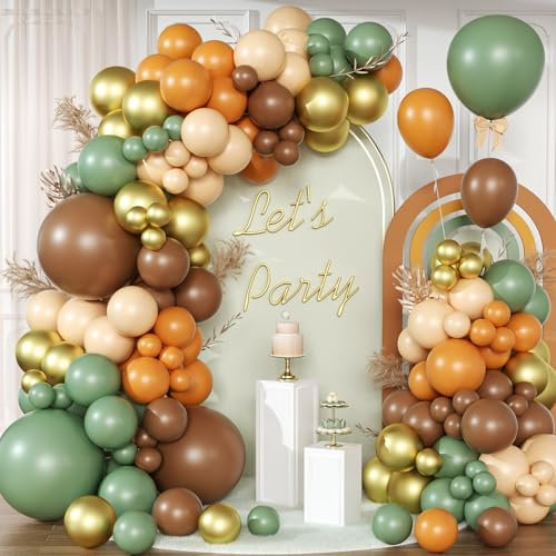 Brown and Green Balloon Arch Kit, 147pcs Coffe Brown Orange Gold Balloon Garland with Nude Green Balloon Latex Balloons for Jungle Safari Wild One Woodland Party Birthday Garden Party Decoration