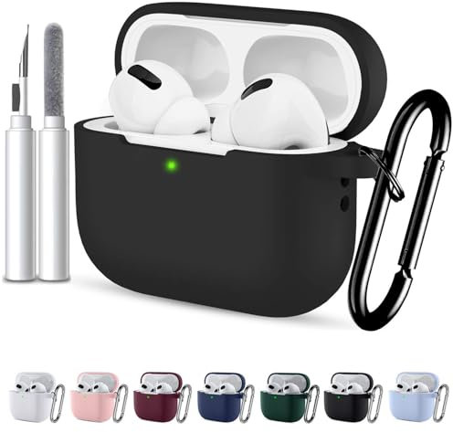 Kompatibel mit Airpods Pro 2 Hülle Schutzhülle Case 2023 2022 für Frauen Männer Weich Silikon für Airpods Pro 2 Generation Hülle LED an der Frontseite Sichtbar mit Reinigungsset und Karabiner Schwarz