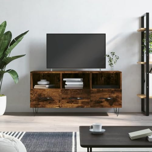 Iiaky Mobile Porta TV Rovere Fumo 102x36x50 cm in Legno Multistrato-Mobile TV Mobile Porta Televisore,Mobiletto Industriale Tavolino Basso Vintage Console per Salotto