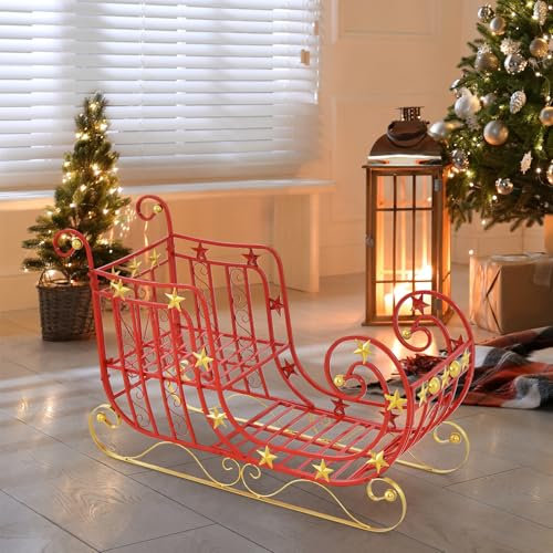 SOARS Deko Schlitten Weihnachten, Dekoschlitten mit Sternendeko, großem Stauraum, Weihnachtsdeko Metall für Zuhause, Büro, 99 x 36 x 61cm