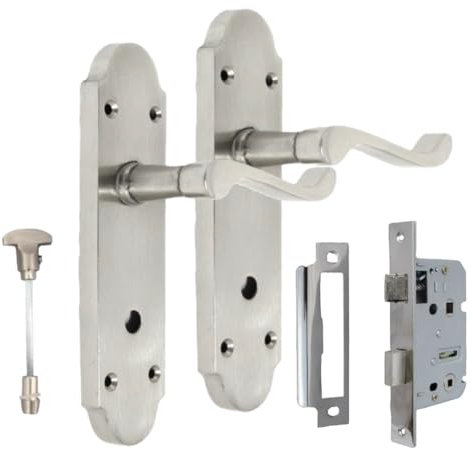 Epsom Style Victorian Scroll Bathroom Handle in Satin Nickel with Sash Lock – Elegant Door Handle Set for Bathroom Privacy and Security (1 Pair of Bathroom Handles + Bathroom SASH Lock)