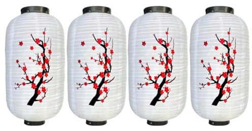 4Pcs 10Zoll Japanische Laterne, Kirschblüten Deko Lampe Laterne aus Stoff, wasserdicht japanische Lampenschirm, Deko für Restaurant, Bar, Hof, Garten (4Pcs 04)