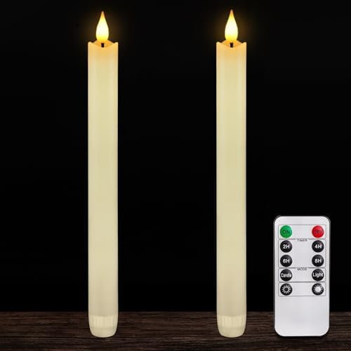 Homemory 2 Pack Waxy Flameless Candles with Remote Control Timer, Flickering Battery Operated, Led Flameless Candlesticks Tall Candles for Home Decor, 9.6 inch