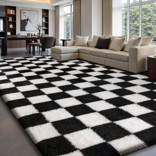 Sour Lemon Area Rugs Living Room Bedroom 240x300cm, Large Fluffy Carpet | Soft Shaggy Checkered Rugs, Washable Area Rug Anti Slip, Carpets for Kids Room Nursery, Dorm Home Decor, Black and White