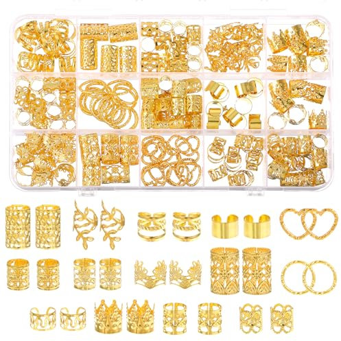 Wanmu 190 Stück Gold-Haarschmuck für Zöpfe, Verstellbar Goldene Haarringe Dreadlock-Zubehör, Metallene Haar Geflecht Ringe Manschetten-Clips für Männer, Frauen, Mädchen und Jungen