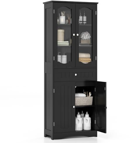 COSTWAY Armario Alto, Mueble Columna de Baño Independiente con 4 Puertas, Gabinete con 5 Estantes y 1 Cajón de Almacenamiento, Armario de Suelo para Cocina o Sala de Estar, Comedor, Oficina (Negro)