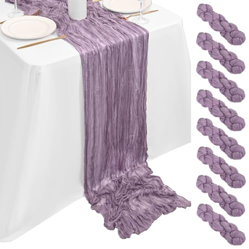Showgeous 8 Stück Käsetuch Tischläufer Lila 90x300cm, Käsetuch Rustikaler Lila Rustikaler Gaze Stoff Transparent Boho Hochzeit Tischdekoration für Hochzeitsempfang Brautdusche Babyparty
