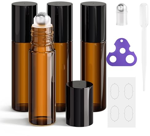 ULG 4er-Pack Rollerflaschen für ätherische Öle, 10 ml, leere Flaschen mit Edelstahl-Rollkugeln und wasserdichten Etiketten, Rollerbälle für ätherische Öle, bernsteinfarben