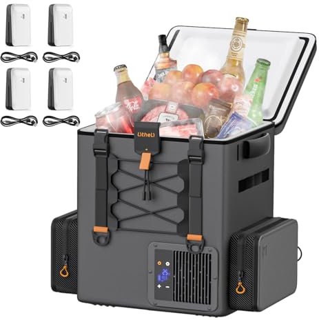 LiTHELi FrozenPack - Nevera portátil para coche (20 L, 12/24 V, 100/240 V, para camping, viajes, autocaravana, refrigeración rápida, 15 minutos, con 4 baterías de 4,0 Ah)