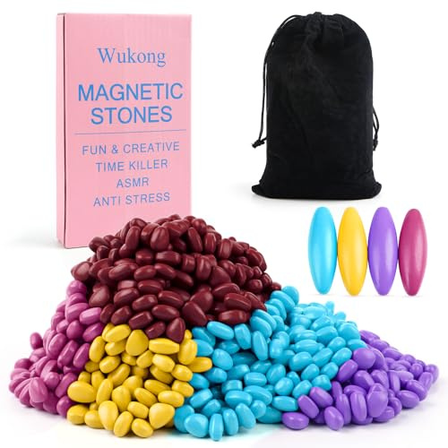 Wukong Hämatit Magnetsteine Bunt – 600 g (ca. 1000 STK.) mit 4 ovalen Magnetsteinen – Anti-Stress-Magnete für Erwachsene, kreatives Fidget-Spielzeug gegen Stress & ADHS