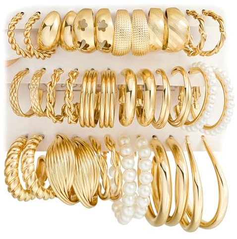 Gold Hoop Earrings Set for Women, 18 Pairs Hypoallergenic Chunky Open Pearl Hoops Earring Multipack, Gold Statement Hoop Earrings for Women Trendy Jewelry