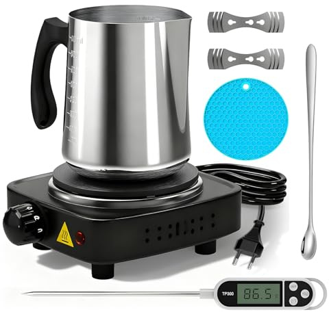 SUNOYA Elektrischer Wachsschmelzer, Elektrischer Wachsschmelztopf für Kerzenherstellung mit Heizplatte 900ml Gießkanne Rührlöffel DIY Starterset für Anfänger und Bastler Kerzen Zubehör