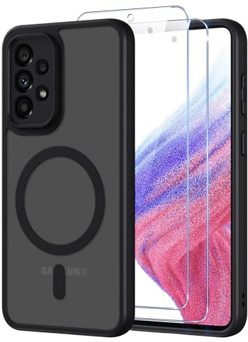 Pnakqil Magnetisch für Samsung Galaxy A53 5G Hülle für Magsafe,Matt Transluzente Handyhülle für Samsung A53 mit 2 Panzer Schutz Glas,PC Härte Rückseite Kratzfest Stoßfest Dünn Magnetische Case,Schwarz