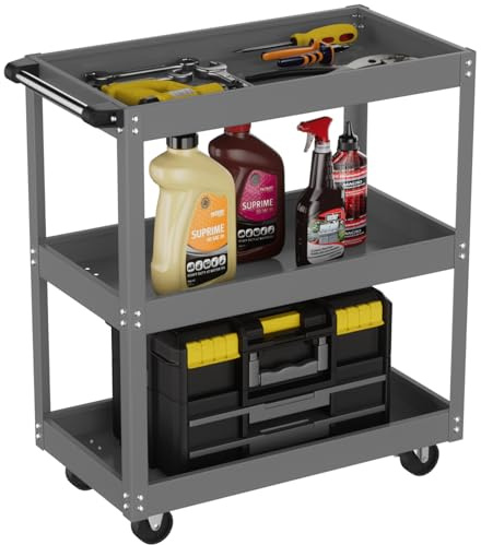 ALANNG Rollender Werkstattwagen, Schwerer Werkzeugwagen mit 3 Tabletts, Metall Servicewagen für Garage & Werkstatt, Grau