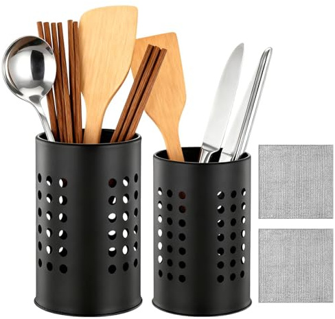 2 Pcs Black Stainless Steel Kitchen Utensil Holder & 2 Pcs Cleaning Cloth | Kitchen Cutlery Holder Pot 18/16.5cm, Multi-Purpose Countertop Organizer and Kitchen Decor Utensil Crock for Silverware