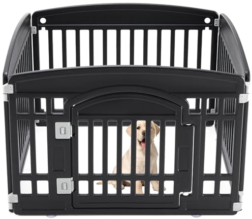 Sweetcrispy Plastic Dog Playpen, 4 Panel 24 Expandable & Durable Pet Fence for Small to Medium Dogs - Indoor & Outdoor Portable Puppy Playpen with Secure Locking Door - Black
