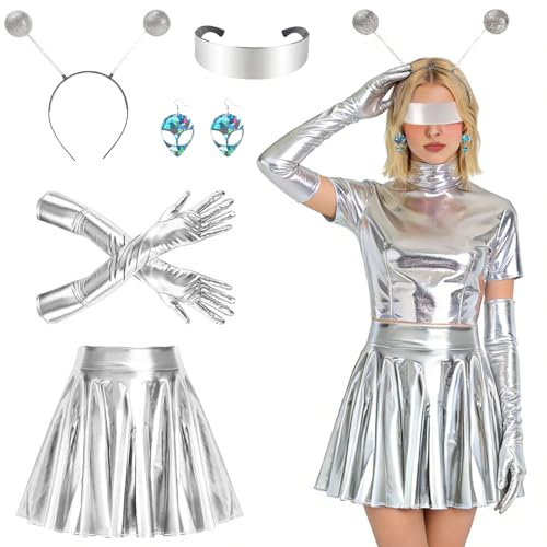 GOUYENG Costume d'Alien pour Femme,5 Pièces Costume d'Alien Accessoires,Alien Costumes Accessories Set,Ensemble de Costumes Alien,Serre-tête Aliens,pour Halloween Carnaval Fête Cosplay