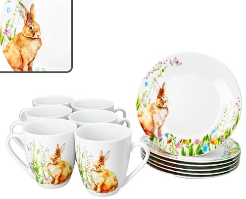 MamboCat Osterfreude 12tlg Frühstücksset I 6x Kuchenteller & 6x Kaffeebecher 280 ml aus Porzellan mit Osterhasen Dekor I 6 Personen I für Frühstück & Kaffee