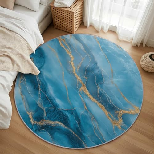 AevuCub Marmor Motiv Blau Teppich Rund 120cm Kurzflor - Waschbare Teppiche Wohnzimmer Moderner Marmor Blau Gold - Runder Teppich 120 Durchmesser Kinderzimmer - Bettvorleger Schlafzimmer rutschfest