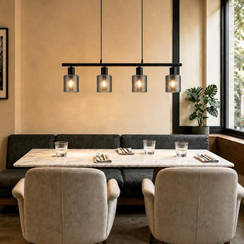 Zedelmaier Hängelampe Pendelleuchte Esstisch 4-flammig E14 Fassung Max.40w | Rauchglas mit Metallrahmen, Industrie-Design für Esszimmer Küche Restaurants (ohne Leuchtmittel)