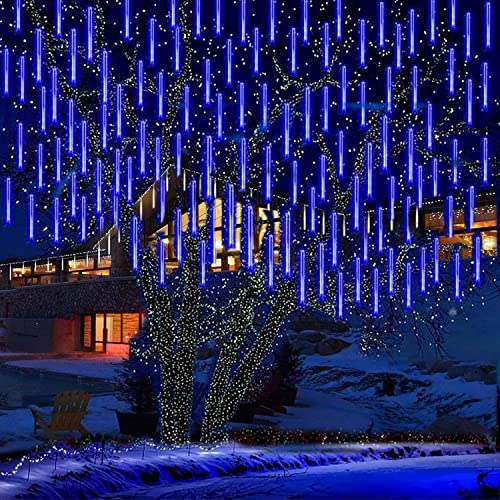 EOANT Meteor Schauer Regenlicht, Solar 360LED im Freien Weihnachten Regenlicht Schneeflocke Eis String Licht 10 Rohre 30cm Weihnachtsgarten Hochzeitsfeier Baum Balkondekoration (Blau)