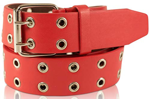 SCAMODA Doppelloch Nietengürtel mit Leder für Damen und Herren, Ösengürtel, versch. Farben, Größen, Breiten (Rot - 130/BW115 - Br. 3,5 cm)