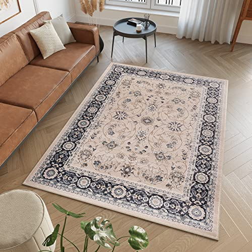 TAPISO Colorado Teppich Kurzflor Beige Schwarz Floral 140 x 200 cm | strapzierfähiger Teppich Wohnzimmer Klassisch Orientalisch Ornament Muster Orientteppich OEKO-TEX