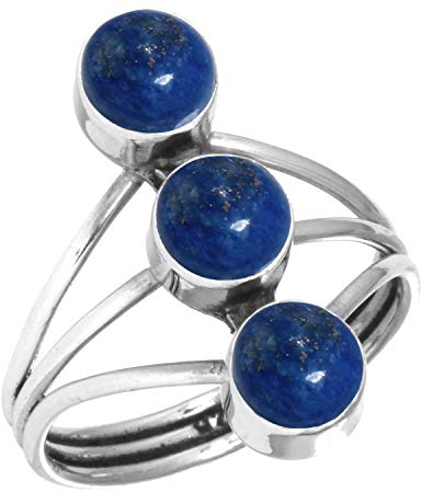 Jeweloporium Blauer Lapislazuli-Silberring, Größe 54 (17,2), 925er Sterlingsilberring für Damen, echter runder Edelstein, handgefertigter Schmuck