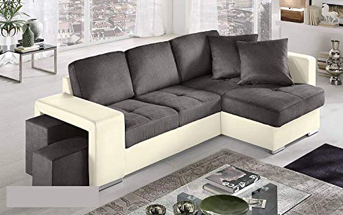Dafne Italian Design Ecksofa 2-Sitzer mit Halbinsel rechts Kunstleder Creme Stoff Anthrazit (267 x 158 x 88 cm)