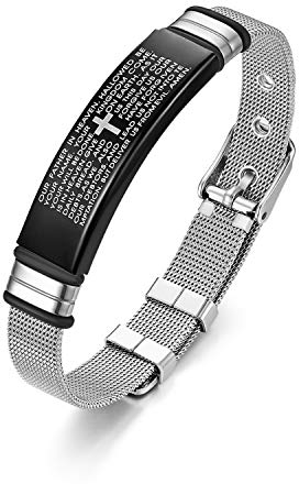 JewelryWe Herren Mesh Armband mit Gravur Edelstahl Englisch Bibel Lords Gebet Kreuz Armreif Religiöse Schmuck Schwarz Silber