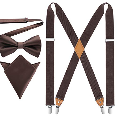 HISDERN Hosenträger für Herren X Form mit sehr Starken 4 Metall Clip Elastisch und Längenverstellbar Hosenträger und Fliege mit Einsteckuch Set
