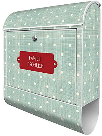 banjado® Design Briefkasten personalisiert mit Punkte Lindgrün 38,5x46,5x13cm & 2 Schlüssel - Briefkasten Stahl weiß mit Zeitungsfach pulverbeschichtet - Postkasten A4 Einwurf inkl. Montagematerial