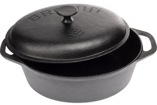 BROWIN® Gusseisen Topf 330525 | Traditioneller Gusstopf | Robuster Brottopf mit Deckel für Induktion, Backofen & Herd | Schmortopf zum Kochen, Schmoren, Braten, Frittieren | Schwarz 5,5 Liter