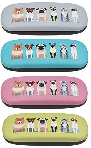 JAVOedge Brillenetui mit bedrucktem Muster, strapazierfähig, harte Klapphülle mit Mikrofasertuch, Hunde – Design vorne und hinten, 4 Pack