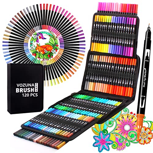 Vozuna Brush Pens Set Filzstifte Set Doppelseitig 120 Farben,Fineliner Pinselstifte Set für Handlettering Kalligraphie Aquarellpinsel Manga