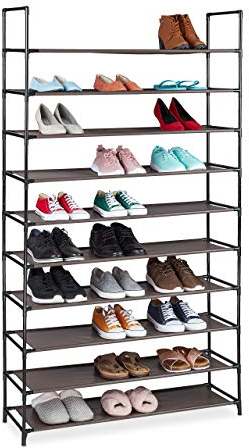 Relaxdays XXL Schuhregal Stecksystem, 10 Ebenen, für 50 Paar Schuhe, Stoff Schuhständer HBT 176,5x99x29,5 cm, braun, 10036197_93