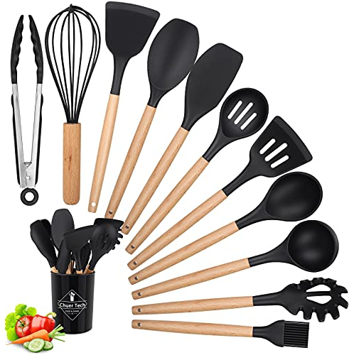 Utensilios de cocina de silicona madera, 12 unids accesorio de cocina, set sin BPA, antiadherente, antiarañazos y resistente al calor, herramienta de cocina antiadherente para