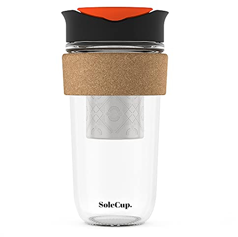 SoleCup. Large Travel Mug Loose Tea Infuser - Detachable Tea Strainer with Spill Proof Lid - 18oz/530ml BPA-Free Reusable Glass Travel Coffee Cup with Cork Band (Black)
