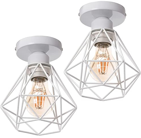 TOKIUS Deckenlampe, 16CM Vintage Deckenleuchte im Industrial Design Retro E27 Lampe aus Eisen Käfig Pendelleuchte Weiß (2 Stücke)
