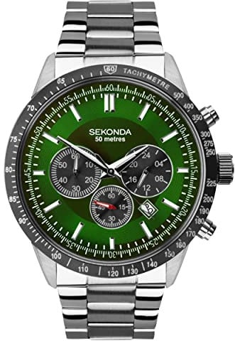 Sekonda Herren Quarzwerk Armbanduhr, 48.00mm GehäusegröÃŸe mit grün analog Zifferblatt und Silber Metall Armband 1913