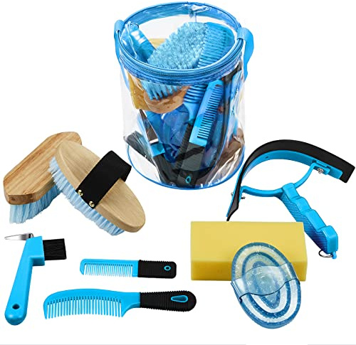 Cunhill 9 Pcs Horse Grooming Kit with Bag Curry Brushes,Cute,Blue | Complete Grooming Set for Horses, Hard Soft Brushes, Hoof Pick, Sweat Scraper, Sponge, Comb, Portable Tote for Stable