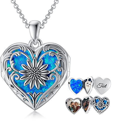SOULMEET Personalisiert Medaillon zum öffnen für bilder, Medaillon Halskette für 3 Fotos Bilds,Herz Sonnenblume medaillon die opal,Geschenk für Frauen Sterling Silber