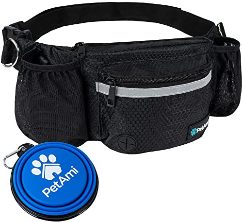 PetAmi Hunde-Bauchtasche, Leckerlibeutel für Hundespaziergänge, Training, eingebauter Kotbeutelspender, Wasserflaschenhalter, faltbarer Napf, Laufen, Trockenfutter (schwarz)