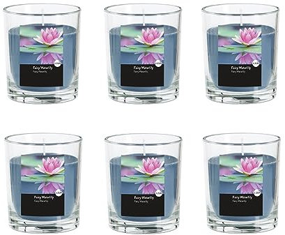 Duftkerze im Glas im 6er-Set - Kerze, Advent, Raumduft - Kein Ruß - Brenndauer: 25 Std. - viele Duftaromen – 7,0 x 7,7 cm (Blau - Duft: Wasserlilie)
