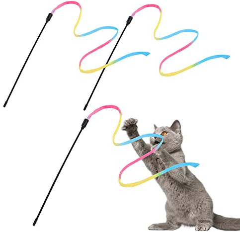 Cobee Cat Zauberstab Regenbogenspielzeug, Kätzchen Stabspielzeug kleine Katze Regenbogen Schnur interaktives Band Stab für Katzentraining Katzenbeschwörer (3 Stück Regenbogentuch)