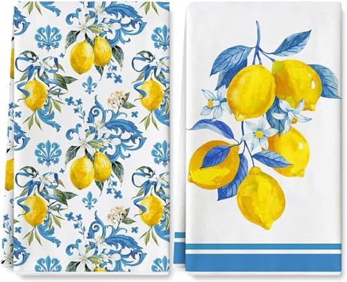 Kitchen Dish Towel 18 x 28 Blue Yellow Lemon Dishcloth Watercolor Farmhouse Decorative Hand Drying Tea Towel for Spring Summer Kitchen Cooking Baking Cleaning, 2Pcs