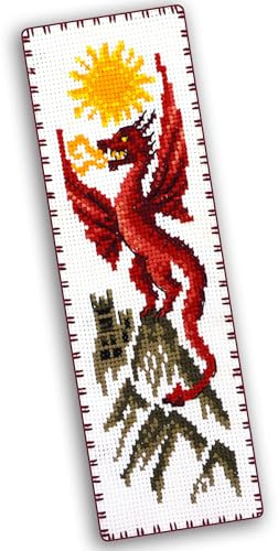 Povitrulya Kreuzstich-Set Sonnendrache – DIY Stickerei Lesezeichen Set für Erwachsene mit Papiermuster, 16-fädiger Aida-Leinwand und vorsortierter Zahnseide