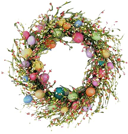 Osterkranz Farbiges Ei und gemischte Zweige Frühlingskranz Osterkranz mit Blumen und Beeren Pips Frühlingsgirlande künstlicher Ostereierkranz Stil ein Osterkranz mit bunten Eiern Frühlingskranz
